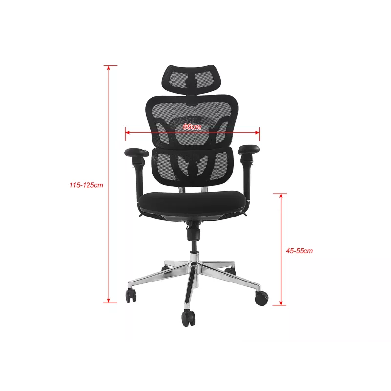 Ergonomisks biroja krēsls EQUIP 651053 ar galvas balstu un roku balstiem, sieta atzveltni, polsterētu sēdekli, regulējamu augstumu 117–135 cm, platumu 660 mm, melns