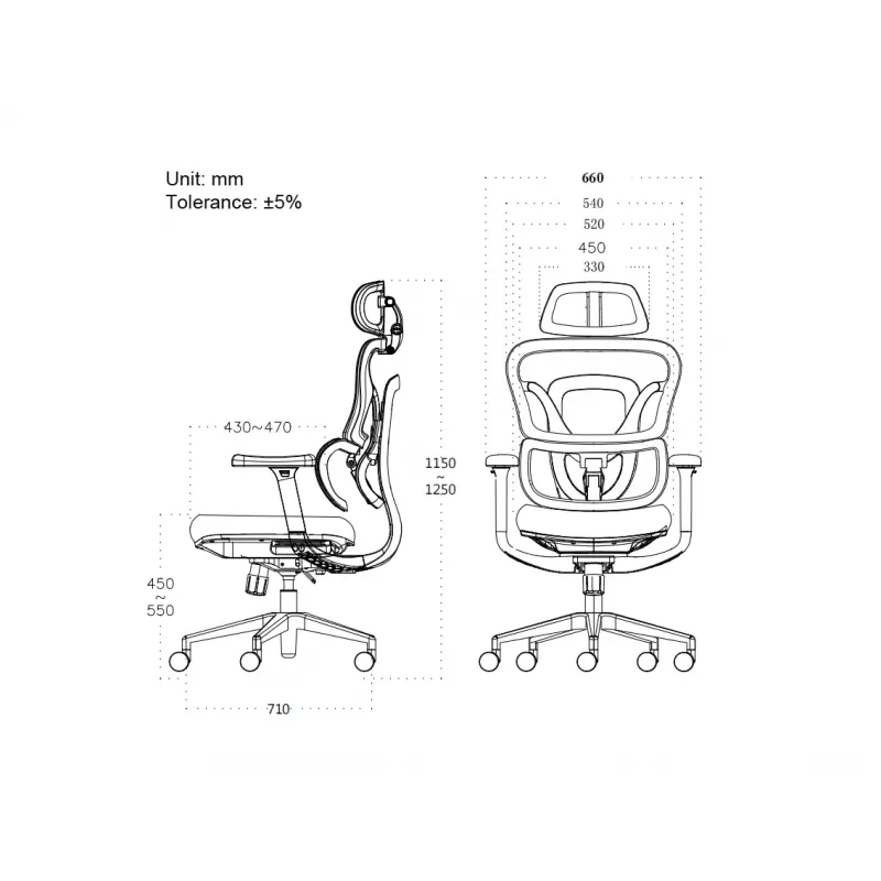 Ergonomisks biroja krēsls EQUIP 651053 ar galvas balstu un roku balstiem, sieta atzveltni, polsterētu sēdekli, regulējamu augstumu 117–135 cm, platumu 660 mm, melns