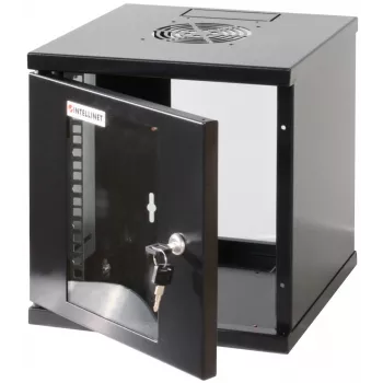 Intellinet 10 collu tīkla skapis - sienas stiprinājums (standarta), 6U, 300 mm dziļš, melns, salikts, maks. 60 kg, piemērots arī lietošanai uz galda vai grīdas, izmantojamais dziļums 265 mm, metāla un stikla durvis, aizmugures panelis, noņemami sāni, sienas montāžas detaļas (piem., skrūves/ieroči) nav iekļautas