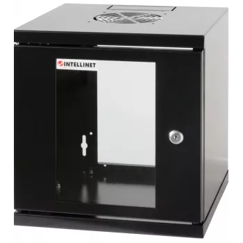 Intellinet 10 collu tīkla skapis - sienas stiprinājums (standarta), 6U, 300 mm dziļš, melns, salikts, maks. 60 kg, piemērots arī lietošanai uz galda vai grīdas, izmantojamais dziļums 265 mm, metāla un stikla durvis, aizmugures panelis, noņemami sāni, sienas montāžas detaļas (piem., skrūves/ieroči) nav iekļautas