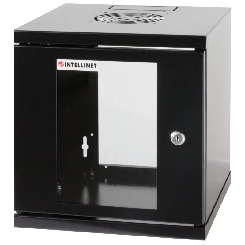 Intellinet 10 collu tīkla skapis - sienas stiprinājums (standarta), 6U, 300 mm dziļš, melns, salikts, maks. 60 kg, piemērots arī lietošanai uz galda vai grīdas, izmantojamais dziļums 265 mm, metāla un stikla durvis, aizmugures panelis, noņemami sāni, sienas montāžas detaļas (piem., skrūves/ieroči) nav iekļautas