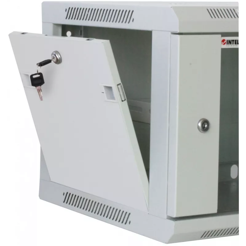 Intellinet 19 collu tīkla skapis - stiprinājums pie sienas (standarta), 20U, 600 mm dziļš, pelēks, salikts, maks. 60 kg, piemērots lietošanai arī uz galda vai grīdas, izmantojamais dziļums 500 mm, metāla un stikla durvis, aizmugurējais panelis, noņemami sāni, detaļas stiprināšanai pie sienas nav iekļautas