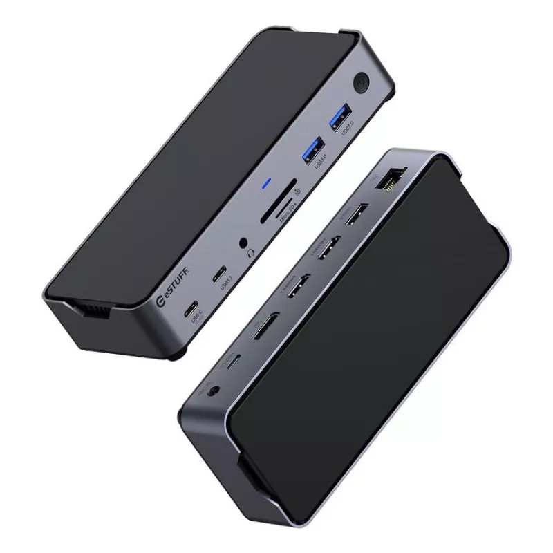 eSTUFF GLB232006 klēpjdatora dokstacija/portu replikators, vadu, USB 3.2 Gen 1 (3.1 Gen 1) Type-C, alumīnijs, melns