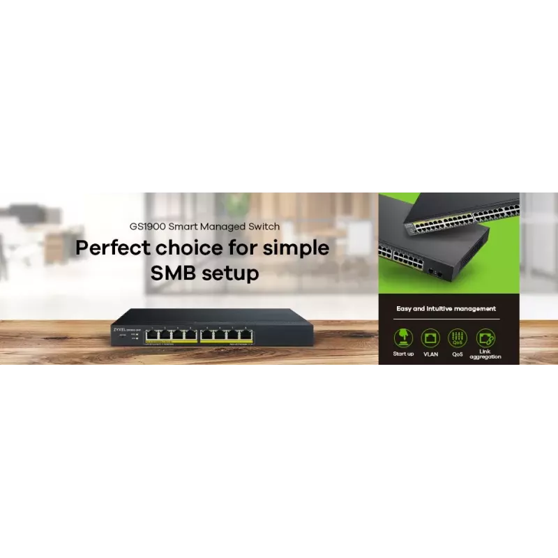 Zyxel GS1900-8HP pārvaldāms L2 Gigabit Ethernet (10/100/1000) Power over Ethernet (PoE) Melns