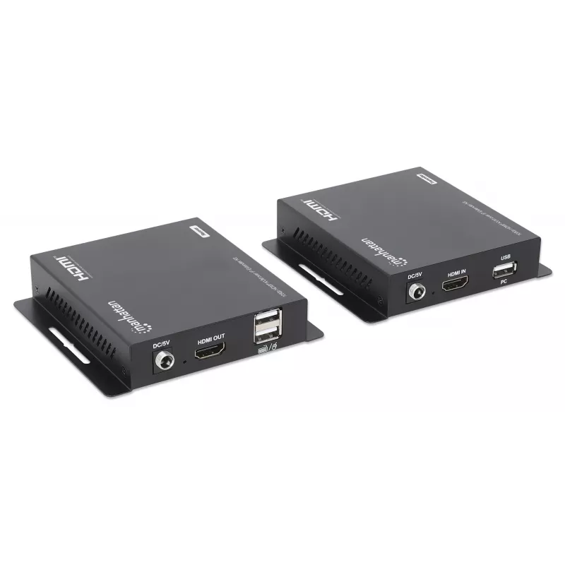 Manhattan 1080p HDMI KVM over IP paplašinātāja komplekts, pagarina 1080p@60Hz signālu līdz 120 m ar vienu Cat6 Ethernet kabeli vai IP tīklu, raidītājs un uztvērējs, USB-A pieslēgvietas datoram/pelei/tastatūrai, melns, trīs gadu garantija