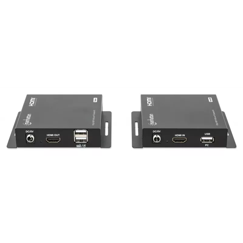 Manhattan 1080p HDMI KVM over IP paplašinātāja komplekts, pagarina 1080p@60Hz signālu līdz 120 m ar vienu Cat6 Ethernet kabeli vai IP tīklu, raidītājs un uztvērējs, USB-A pieslēgvietas datoram/pelei/tastatūrai, melns, trīs gadu garantija