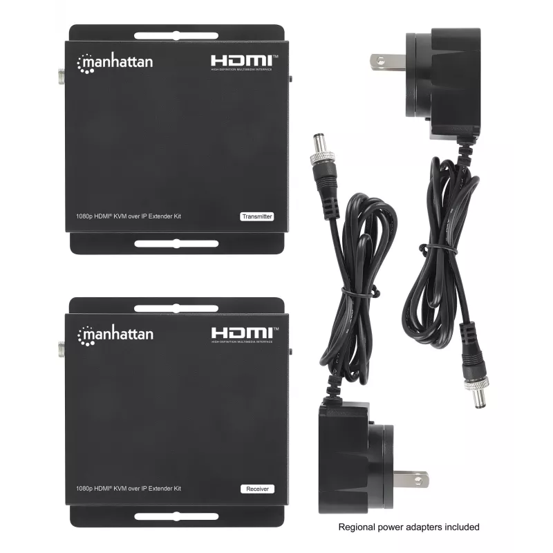 Manhattan 1080p HDMI KVM over IP paplašinātāja komplekts, pagarina 1080p@60Hz signālu līdz 120 m ar vienu Cat6 Ethernet kabeli vai IP tīklu, raidītājs un uztvērējs, USB-A pieslēgvietas datoram/pelei/tastatūrai, melns, trīs gadu garantija