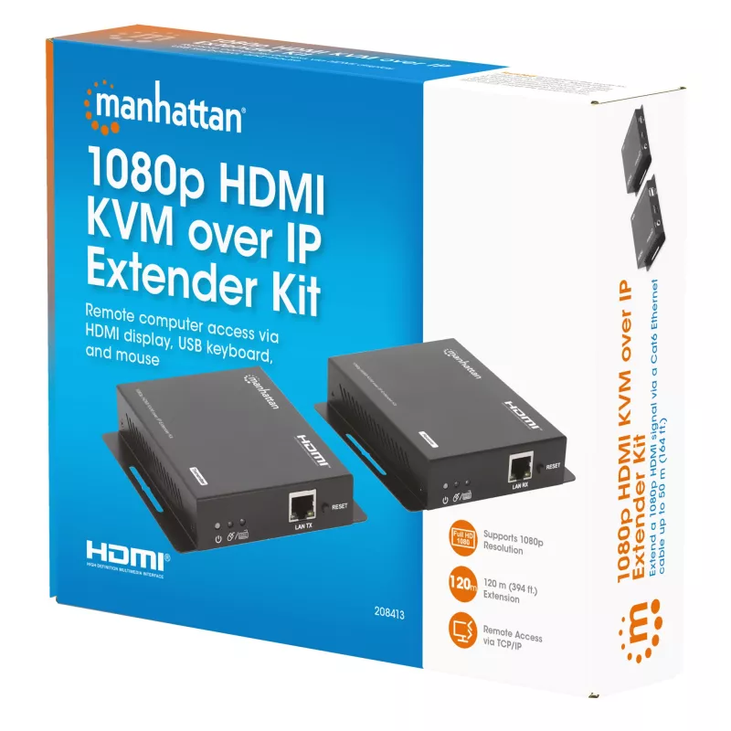 Manhattan 1080p HDMI KVM over IP paplašinātāja komplekts, pagarina 1080p@60Hz signālu līdz 120 m ar vienu Cat6 Ethernet kabeli vai IP tīklu, raidītājs un uztvērējs, USB-A pieslēgvietas datoram/pelei/tastatūrai, melns, trīs gadu garantija