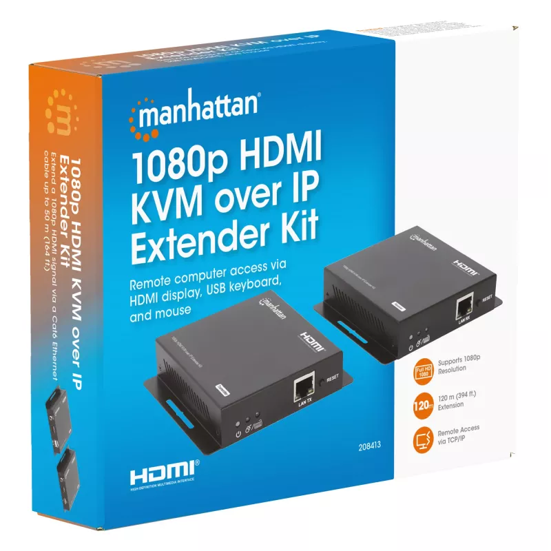 Manhattan 1080p HDMI KVM over IP paplašinātāja komplekts, pagarina 1080p@60Hz signālu līdz 120 m ar vienu Cat6 Ethernet kabeli vai IP tīklu, raidītājs un uztvērējs, USB-A pieslēgvietas datoram/pelei/tastatūrai, melns, trīs gadu garantija