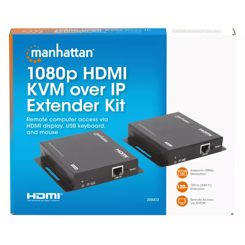 Manhattan 1080p HDMI KVM over IP paplašinātāja komplekts, pagarina 1080p@60Hz signālu līdz 120 m ar vienu Cat6 Ethernet kabeli vai IP tīklu, raidītājs un uztvērējs, USB-A pieslēgvietas datoram/pelei/tastatūrai, melns, trīs gadu garantija