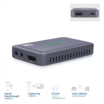 ACT USB-C Video Capture Card, HDMI 4K@60Hz caurlaide, 4K@30Hz uztveršana