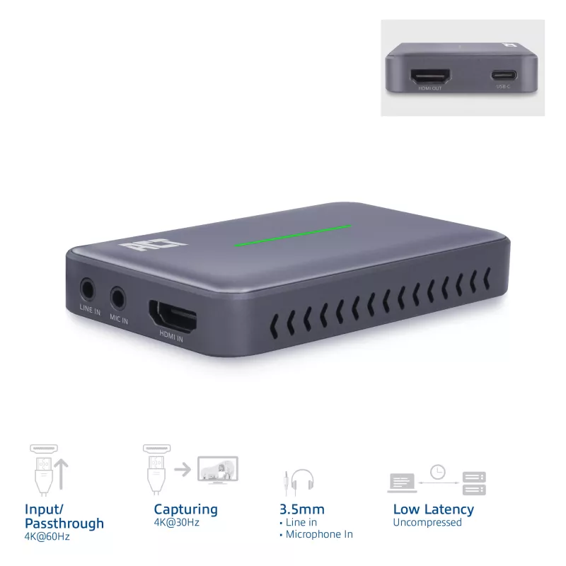 ACT USB-C Video Capture Card, HDMI 4K@60Hz caurlaide, 4K@30Hz uztveršana