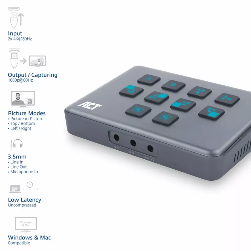 ACT Dual HDMI input USB-C Video Switcher 60Hz pelēka