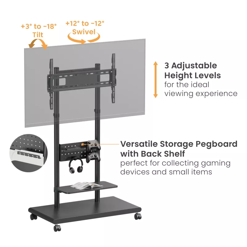 Mobilais TV ratiņš EQUIP 50–90 collas ar dēļu plauktu, VESA 200x200–600x400, 60 kg, melns