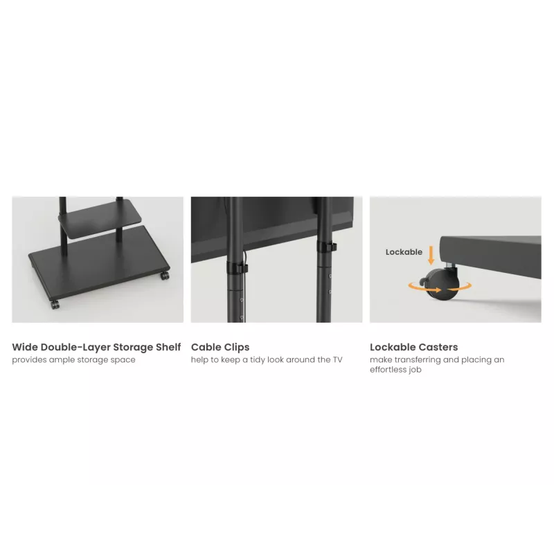 Mobilais TV ratiņš EQUIP 50–90 collas ar dēļu plauktu, VESA 200x200–600x400, 60 kg, melns