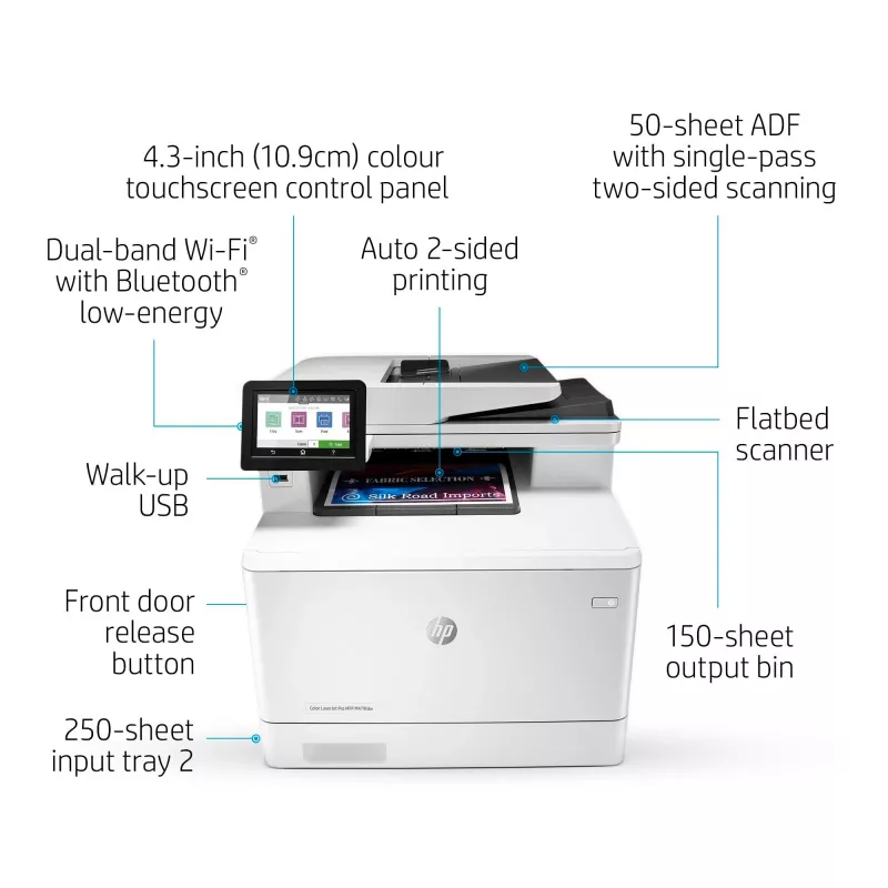 HP Color LaserJet Pro MFP M479fdw, drukāšana, kopēšana, skenēšana, faksēšana, e-pasts, skenēšana uz e-pastu/PDF; abpusējā drukāšana; 50 lapu nesašķobīts ADF