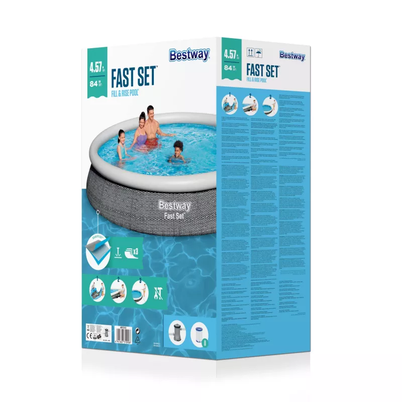 Karkasa baseins Bestway Fast Set apaļš piepūšamais baseina komplekts 4,57 m x 84 cm ietilpība 9677 L