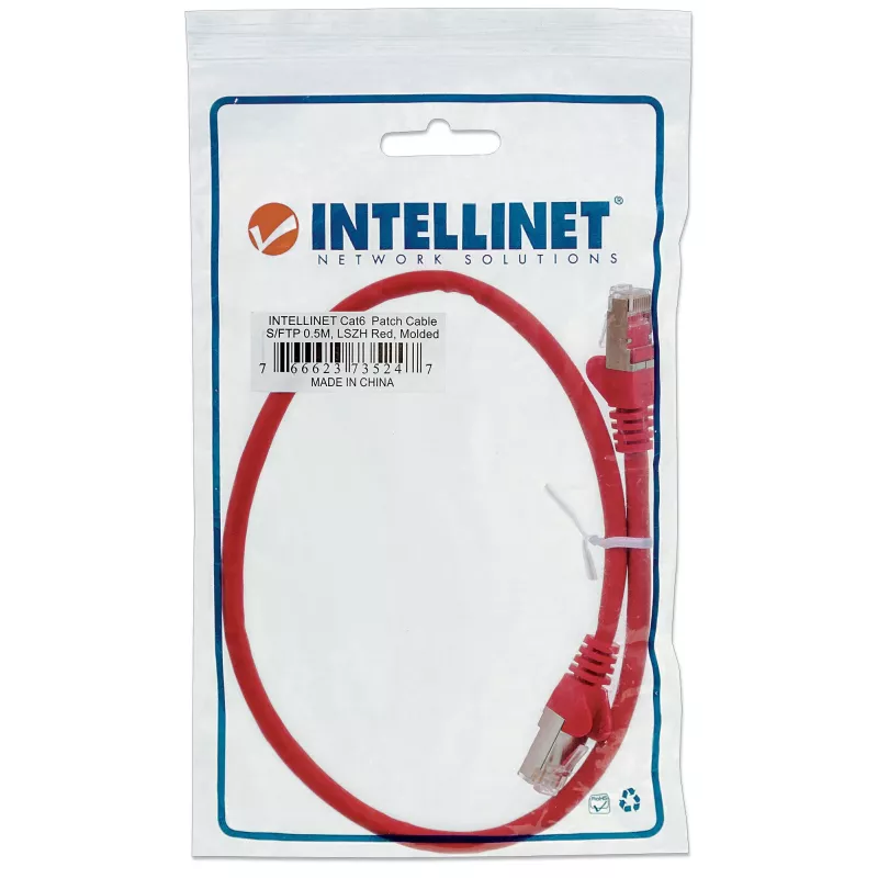 Intellinet tīkla savienojuma kabelis, Cat5e, 15 m, sarkans, CCA, SF/UTP, PVC, RJ45, zeltīti kontakti, aizsardzība pret aizķeršanos, apvalkots, mūža garantija
