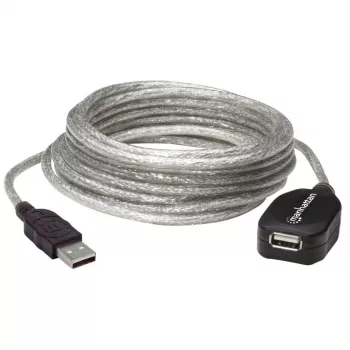 Manhattan USB-A uz USB-A pagarinātāja kabelis, 5 m, vīrišķais uz sievišķo, aktīvs, caurspīdīgs sudrabains, 480 Mb/s (USB 2.0), savirknējams, iebūvēts retranslators, Hi-Speed USB, trīs gadu garantija, ekvivalents USB2AAEXT5M (izņemot krāsu).