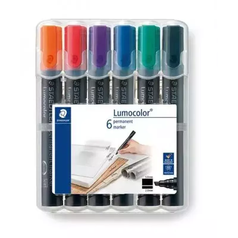 Pastāvīgais marķieris Staedtler Lumocolor Chisel Tip 350 WP6 melns zils zaļš sarkans violets dzeltens