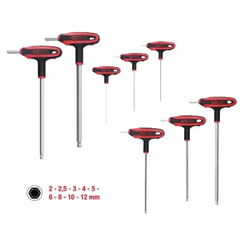 T-veida roktura sešstūra atslēgu komplekts KS Tools 151.8150 — 9 gab., īsās sviras T-veida rokturis