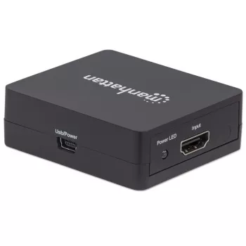 Manhattan HDMI sadalītājs 2 portu, 1080p, melns, attēlo izeju no x1 HDMI avota uz x2 HD displejiem (vienāda izeja uz abiem displejiem), USB-A barošana (kabelis iekļauts, 0,7 m), trīs gadu garantija