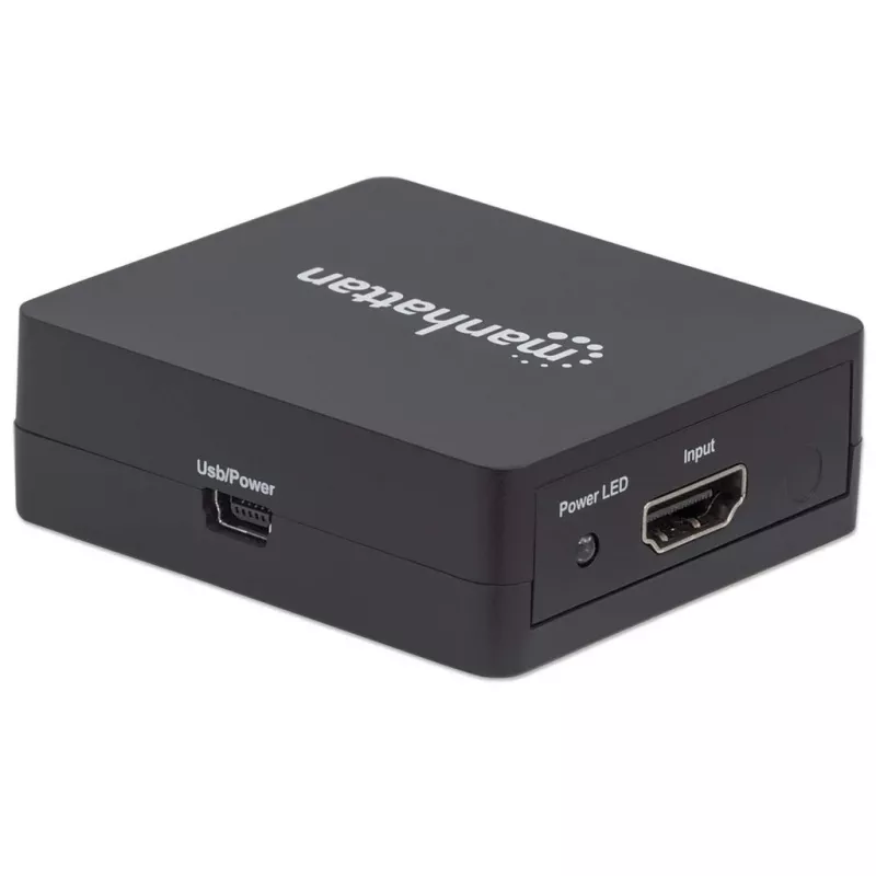 Manhattan HDMI sadalītājs 2 portu, 1080p, melns, attēlo izeju no x1 HDMI avota uz x2 HD displejiem (vienāda izeja uz abiem displejiem), USB-A barošana (kabelis iekļauts, 0,7 m), trīs gadu garantija