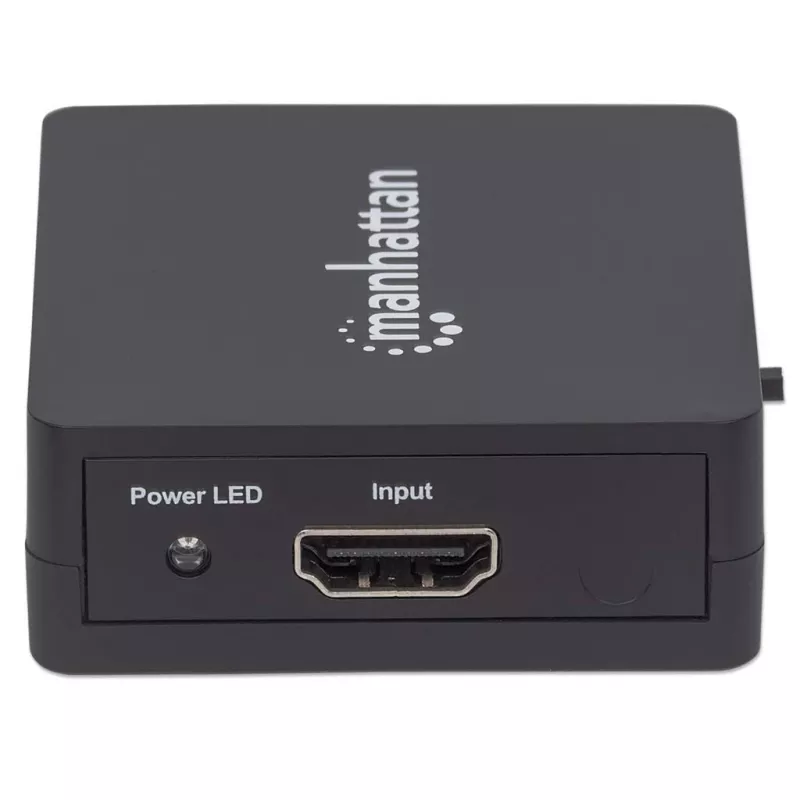 Manhattan HDMI sadalītājs 2 portu, 1080p, melns, attēlo izeju no x1 HDMI avota uz x2 HD displejiem (vienāda izeja uz abiem displejiem), USB-A barošana (kabelis iekļauts, 0,7 m), trīs gadu garantija