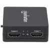 Manhattan HDMI sadalītājs 2 portu, 1080p, melns, attēlo izeju no x1 HDMI avota uz x2 HD displejiem (vienāda izeja uz abiem displejiem), USB-A barošana (kabelis iekļauts, 0,7 m), trīs gadu garantija