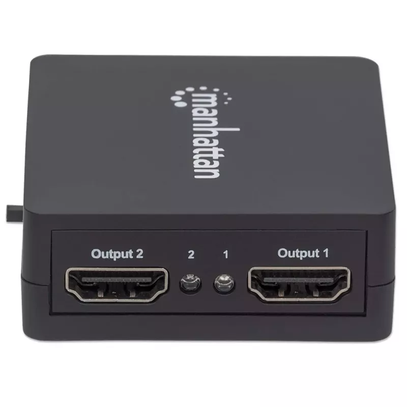 Manhattan HDMI sadalītājs 2 portu, 1080p, melns, attēlo izeju no x1 HDMI avota uz x2 HD displejiem (vienāda izeja uz abiem displejiem), USB-A barošana (kabelis iekļauts, 0,7 m), trīs gadu garantija