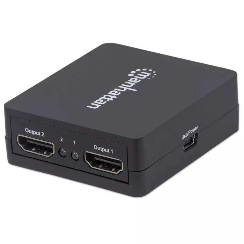 Manhattan HDMI sadalītājs 2 portu, 1080p, melns, attēlo izeju no x1 HDMI avota uz x2 HD displejiem (vienāda izeja uz abiem displejiem), USB-A barošana (kabelis iekļauts, 0,7 m), trīs gadu garantija