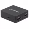 Manhattan HDMI sadalītājs 2 portu, 1080p, melns, attēlo izeju no x1 HDMI avota uz x2 HD displejiem (vienāda izeja uz abiem displejiem), USB-A barošana (kabelis iekļauts, 0,7 m), trīs gadu garantija