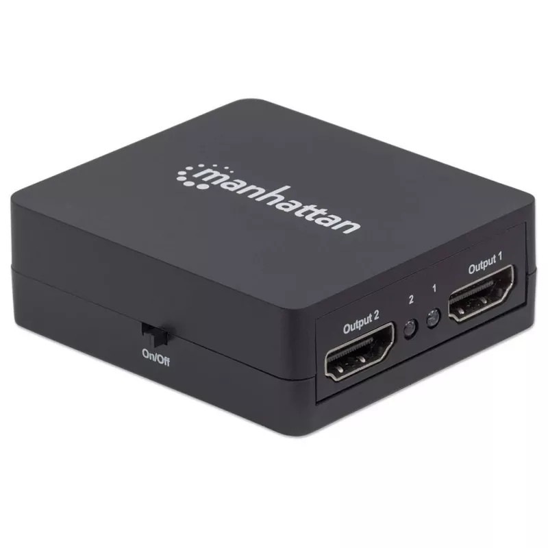 Manhattan HDMI sadalītājs 2 portu, 1080p, melns, attēlo izeju no x1 HDMI avota uz x2 HD displejiem (vienāda izeja uz abiem displejiem), USB-A barošana (kabelis iekļauts, 0,7 m), trīs gadu garantija