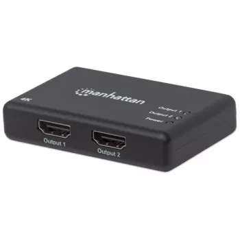 Manhattan HDMI sadalītājs, 2 porti, 4K@30Hz, izvada attēlu no viena HDMI avota uz diviem HD displejiem (vienāds attēls abos displejos), barošana no tīkla (kabelis 0,9 m), melns, trīs gadu garantija