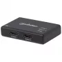 Manhattan HDMI sadalītājs, 2 porti, 4K@30Hz, izvada attēlu no viena HDMI avota uz diviem HD displejiem (vienāds attēls abos displejos), barošana no tīkla (kabelis 0,9 m), melns, trīs gadu garantija