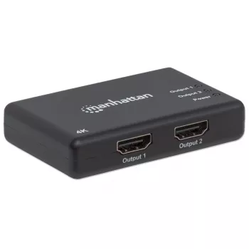 Manhattan HDMI sadalītājs, 2 porti, 4K@30Hz, izvada attēlu no viena HDMI avota uz diviem HD displejiem (vienāds attēls abos displejos), barošana no tīkla (kabelis 0,9 m), melns, trīs gadu garantija