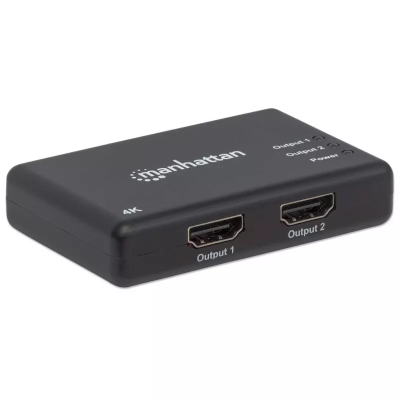 Manhattan HDMI sadalītājs, 2 porti, 4K@30Hz, izvada attēlu no viena HDMI avota uz diviem HD displejiem (vienāds attēls abos displejos), barošana no tīkla (kabelis 0,9 m), melns, trīs gadu garantija