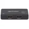 Manhattan HDMI sadalītājs, 2 porti, 4K@30Hz, izvada attēlu no viena HDMI avota uz diviem HD displejiem (vienāds attēls abos displejos), barošana no tīkla (kabelis 0,9 m), melns, trīs gadu garantija