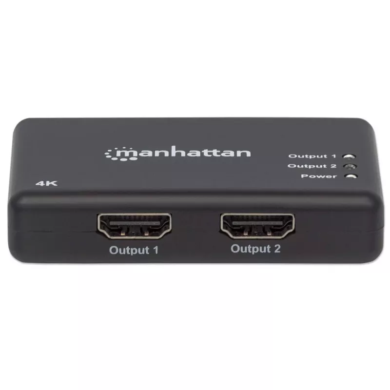 Manhattan HDMI sadalītājs, 2 porti, 4K@30Hz, izvada attēlu no viena HDMI avota uz diviem HD displejiem (vienāds attēls abos displejos), barošana no tīkla (kabelis 0,9 m), melns, trīs gadu garantija