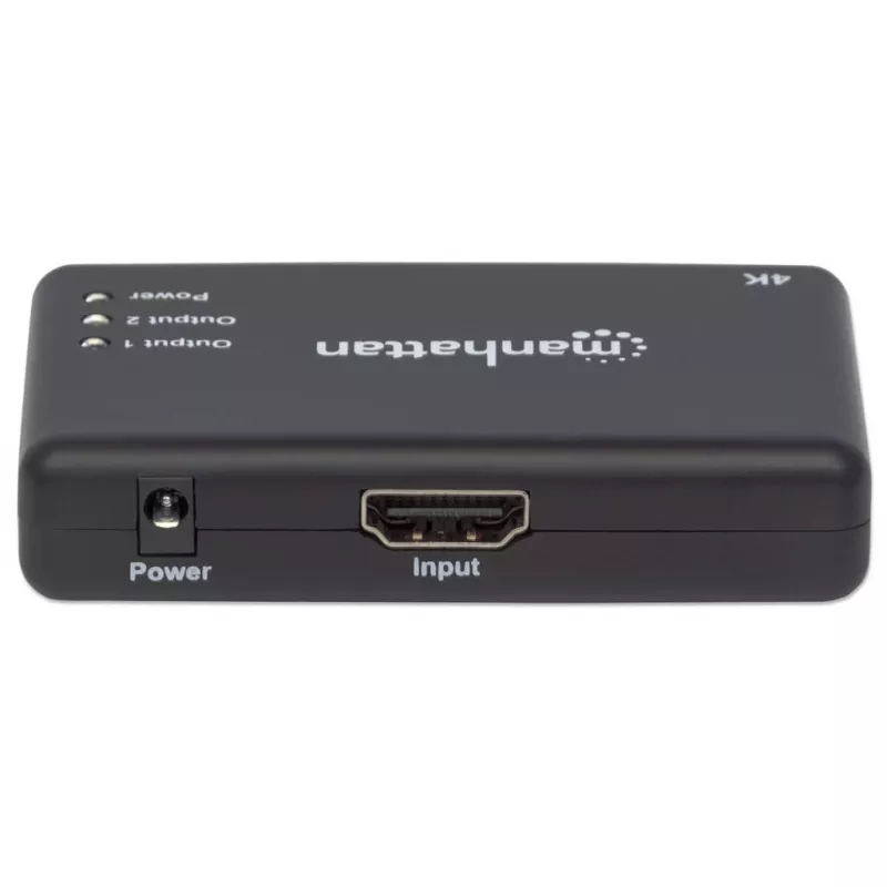 Manhattan HDMI sadalītājs, 2 porti, 4K@30Hz, izvada attēlu no viena HDMI avota uz diviem HD displejiem (vienāds attēls abos displejos), barošana no tīkla (kabelis 0,9 m), melns, trīs gadu garantija
