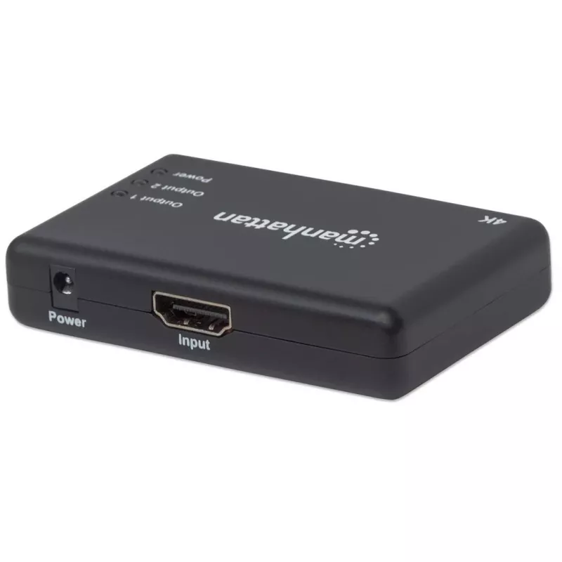Manhattan HDMI sadalītājs, 2 porti, 4K@30Hz, izvada attēlu no viena HDMI avota uz diviem HD displejiem (vienāds attēls abos displejos), barošana no tīkla (kabelis 0,9 m), melns, trīs gadu garantija