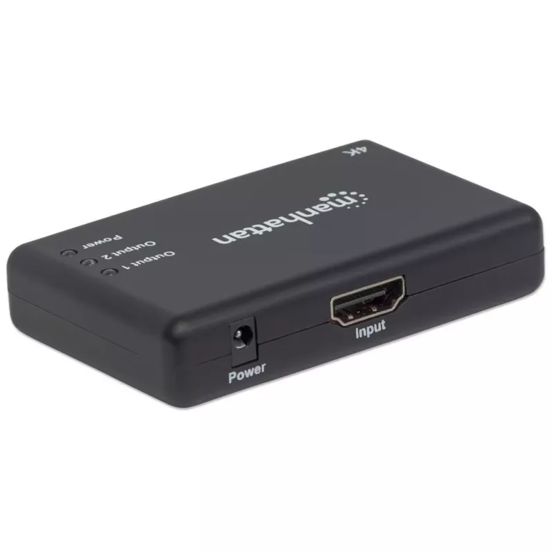 Manhattan HDMI sadalītājs, 2 porti, 4K@30Hz, izvada attēlu no viena HDMI avota uz diviem HD displejiem (vienāds attēls abos displejos), barošana no tīkla (kabelis 0,9 m), melns, trīs gadu garantija