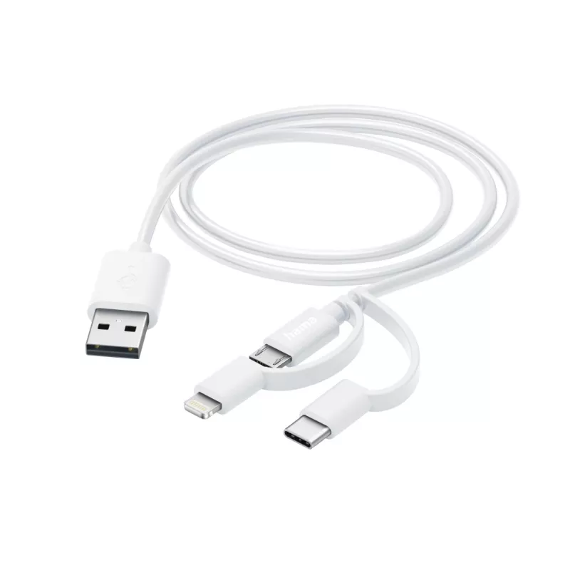 Hama 3-in-1 vairāku uzlādes kabelis, USB-A - Micro-USB, USB-C un Lightning, 1,0 m, balts