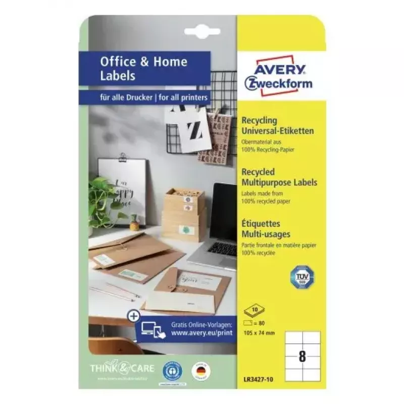 Pašlīmējošās printera etiķetes Avery LR3427-10 Baltas A4 80 etiķetes