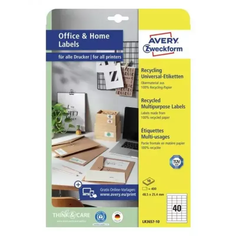 Pašlīmējošā printera etiķete Avery LR3657-10 Balta 2.54x4.85 cm 400 gab.