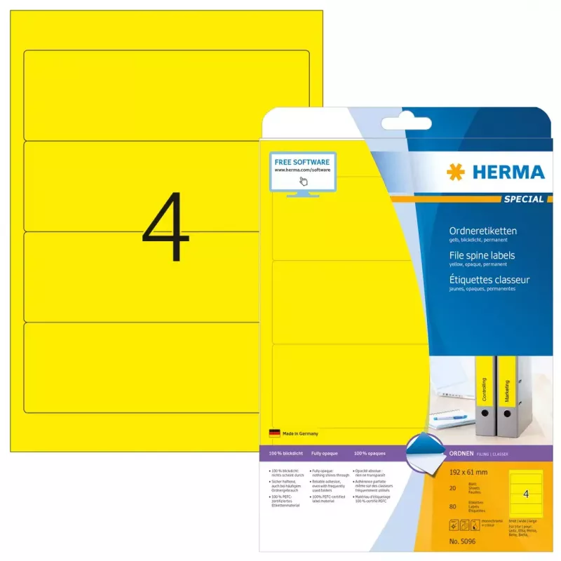 File labels HERMA A4 192x61 mm dzeltena paper matt opaque 80 pcs