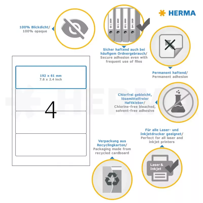 Pašlīmējošā printera etiķete HERMA File labels A4 192x61 mm