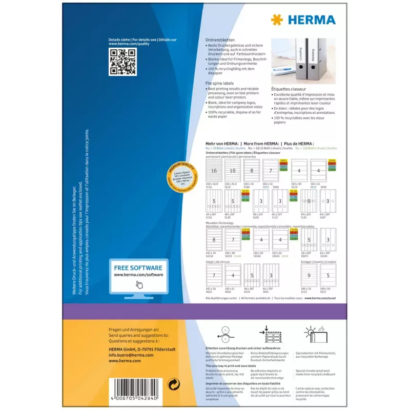 Pašlīmējošā printera etiķete HERMA File labels A4 192x61 mm