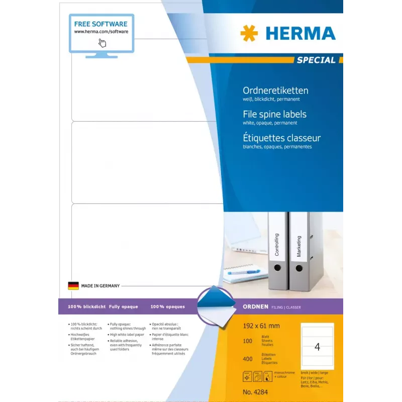 Pašlīmējošā printera etiķete HERMA File labels A4 192x61 mm