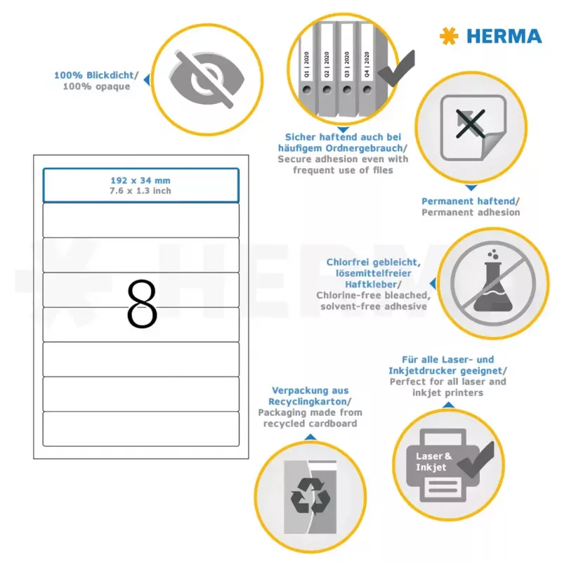 Pašlīmējošas printera etiķetes HERMA File labels A4 192x34 mm